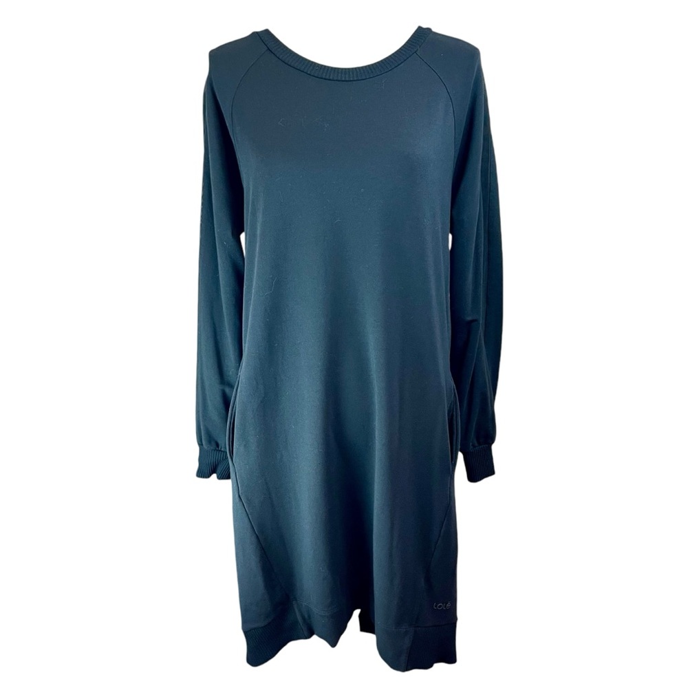 LOLE Black Fleece Lined Sweatshirt Dress Sz Medium Pockets Travel Workout Casual